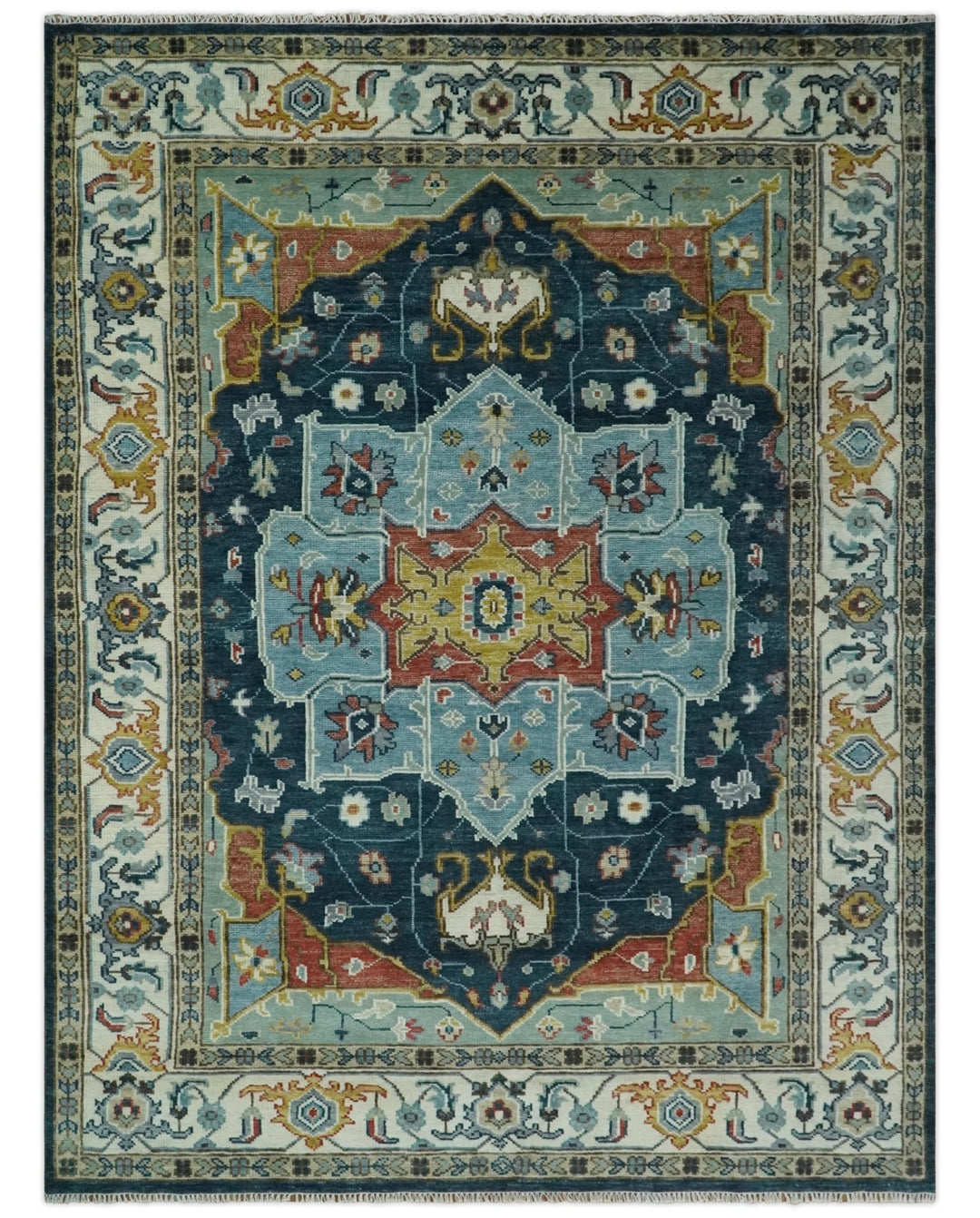 Blue and Ivory Hand Knotted Contemporary Modern 5x8, 6x9, 8x10, 9x12, 10x14 and 12x15 Brown Traditional Persian Heriz Serapi Wool Rug | TRDCP883912 - The Rug Decor