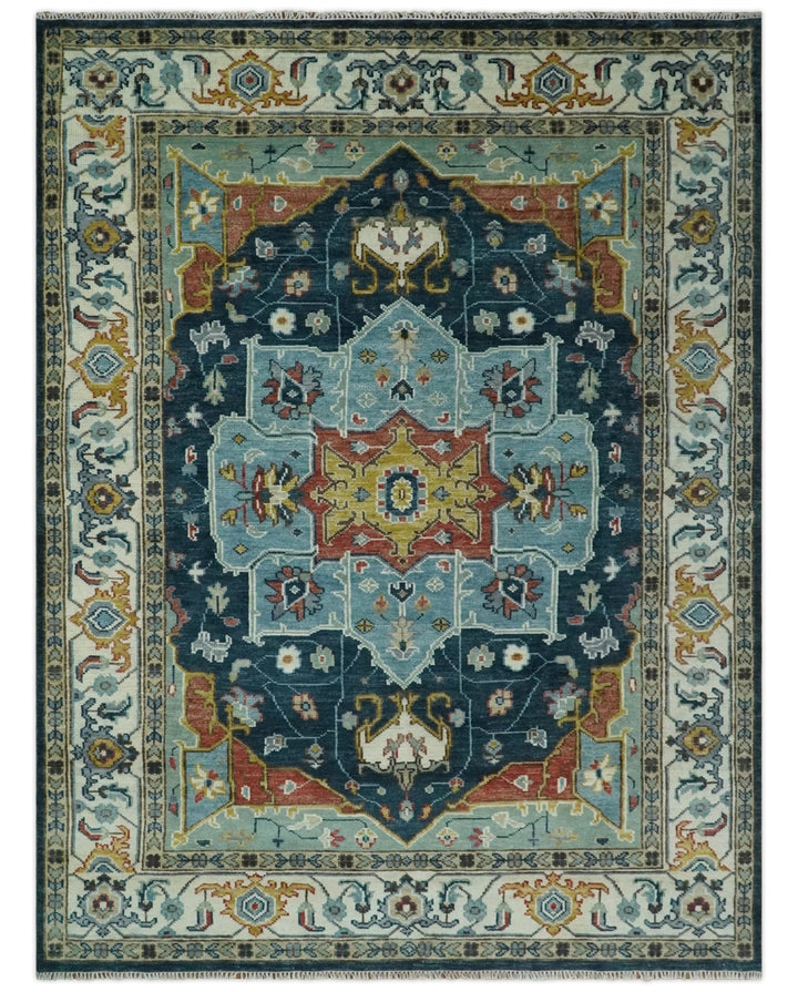 Blue and Ivory Hand Knotted Contemporary Modern 5x8, 6x9, 8x10, 9x12, 10x14 and 12x15 Brown Traditional Persian Heriz Serapi Wool Rug | TRDCP883912 - The Rug Decor