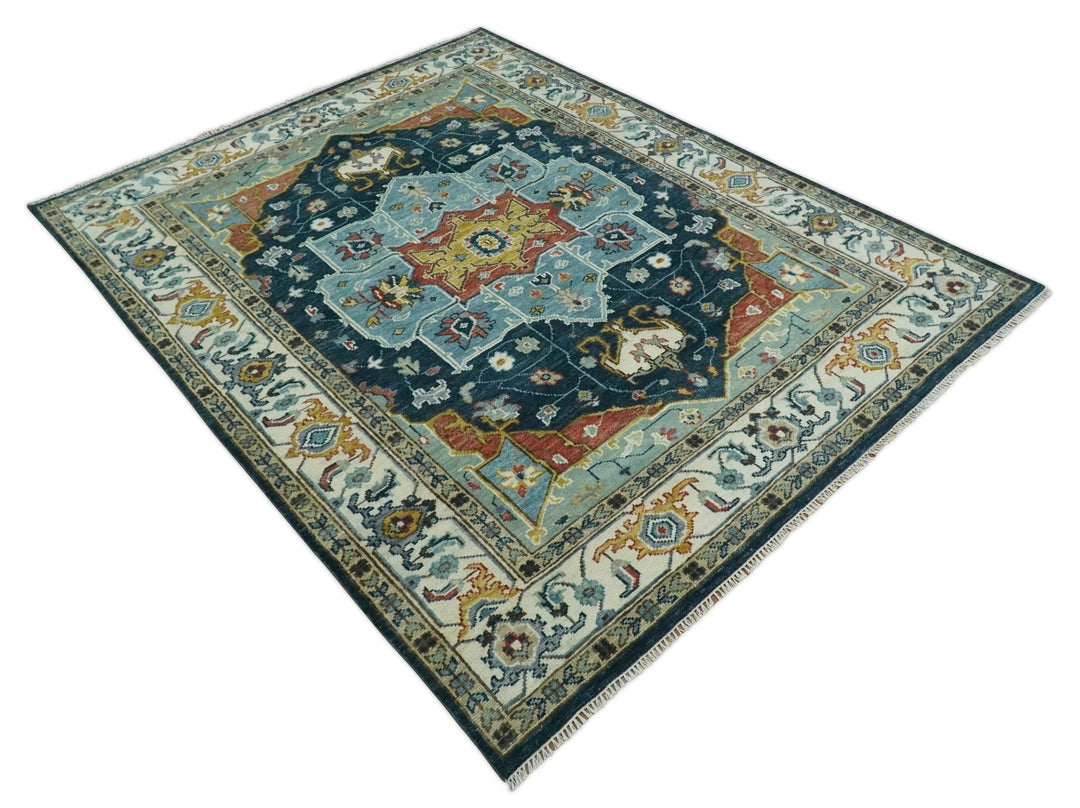 Blue and Ivory Hand Knotted Contemporary Modern 5x8, 6x9, 8x10, 9x12, 10x14 and 12x15 Brown Traditional Persian Heriz Serapi Wool Rug | TRDCP883912 - The Rug Decor