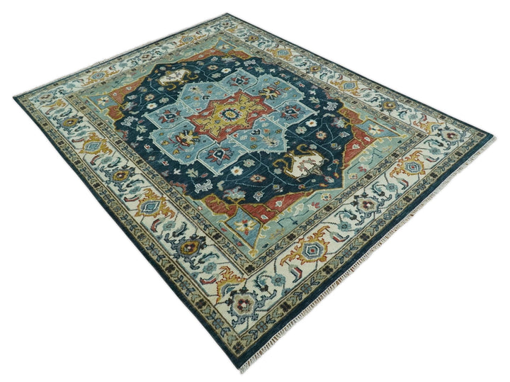 Blue and Ivory Hand Knotted Contemporary Modern 5x8, 6x9, 8x10, 9x12, 10x14 and 12x15 Brown Traditional Persian Heriz Serapi Wool Rug | TRDCP883912 - The Rug Decor