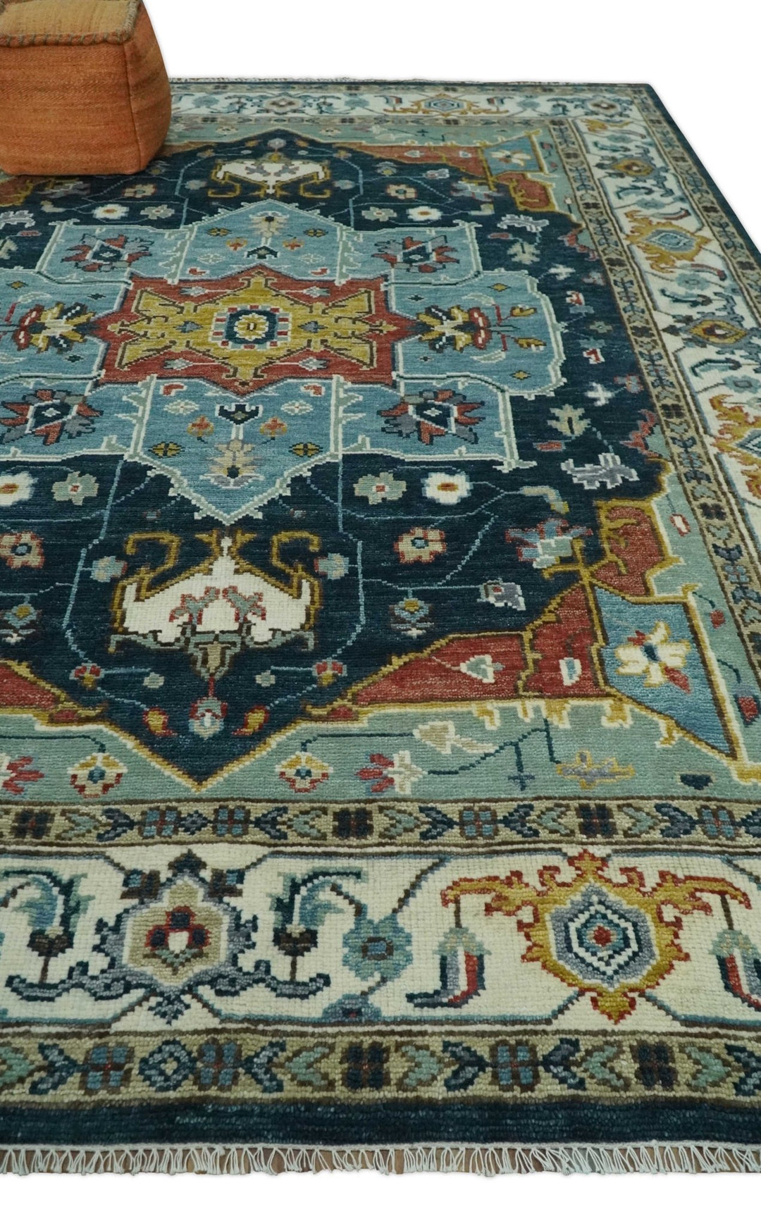 Blue and Ivory Hand Knotted Contemporary Modern 5x8, 6x9, 8x10, 9x12, 10x14 and 12x15 Brown Traditional Persian Heriz Serapi Wool Rug | TRDCP883912 - The Rug Decor