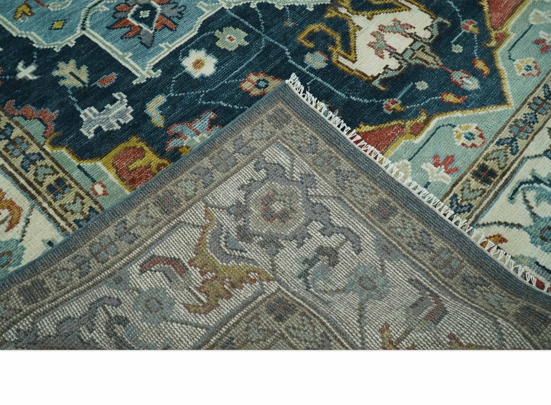 Blue and Ivory Hand Knotted Contemporary Modern 5x8, 6x9, 8x10, 9x12, 10x14 and 12x15 Brown Traditional Persian Heriz Serapi Wool Rug | TRDCP883912 - The Rug Decor