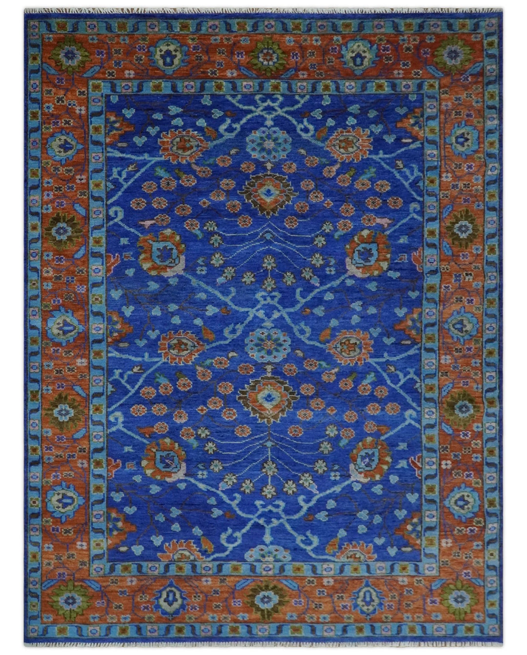 Blue and Rust Hand Knotted Traditional Floral Oushak 8.9x12.1 Wool Area Rug - The Rug Decor