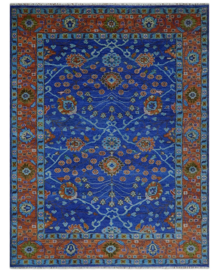 Blue and Rust Hand Knotted Traditional Floral Oushak 8.9x12.1 Wool Area Rug - The Rug Decor