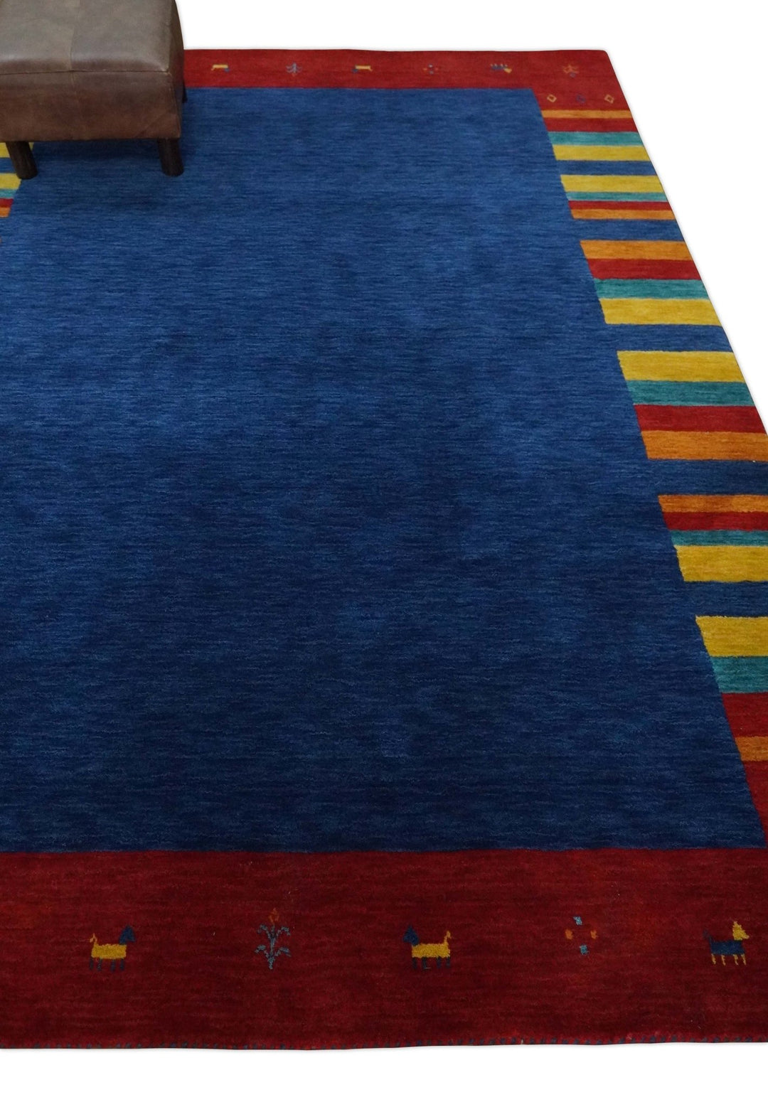 Blue and Rust with multicolor Striped Wool Hand Woven Southwestern Lori Gabbeh Rug| KNT19 - The Rug Decor