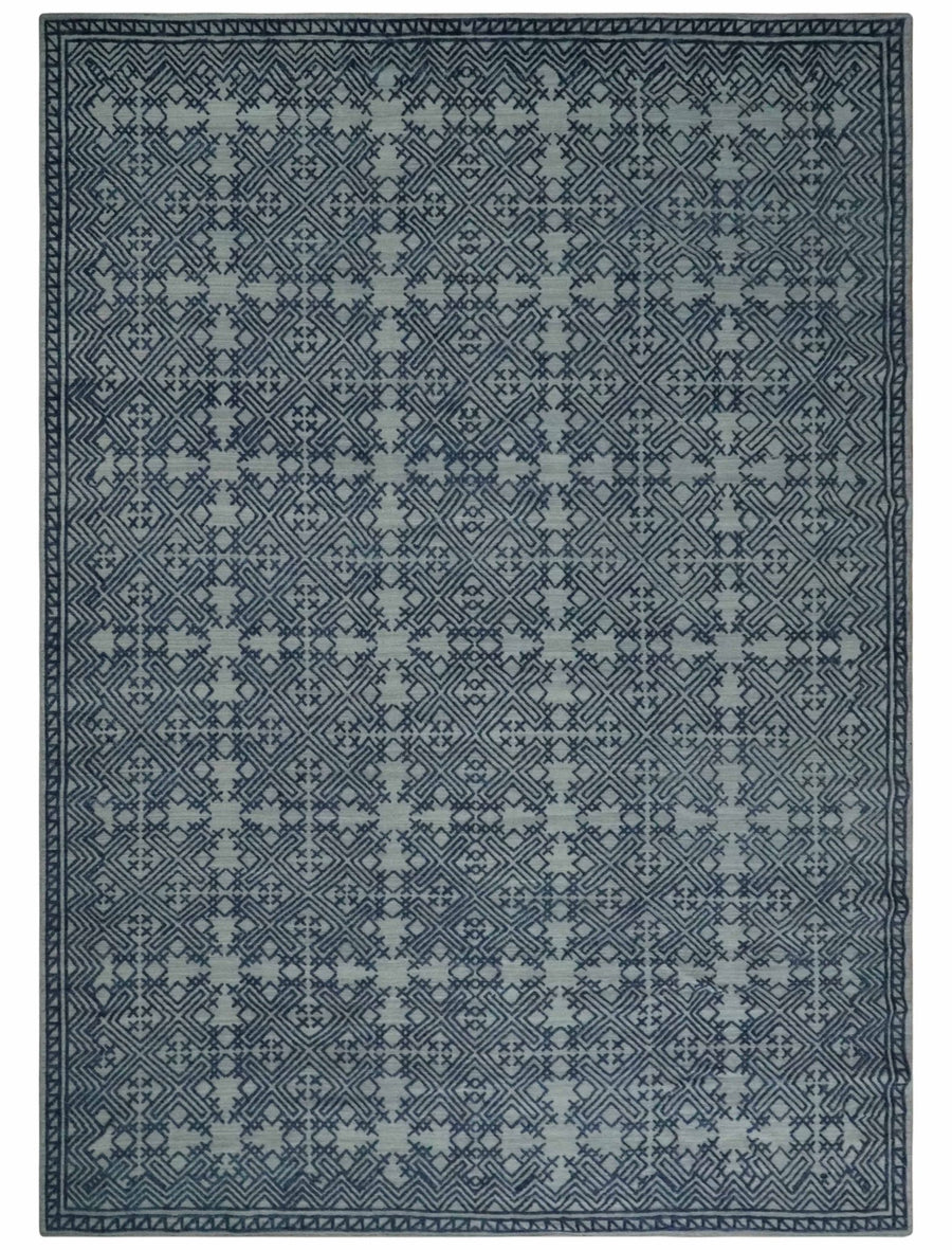 Blue and silver Hand carved Design Traditional Medallion Hand knotted 10x14 wool Area Rug - The Rug Decor
