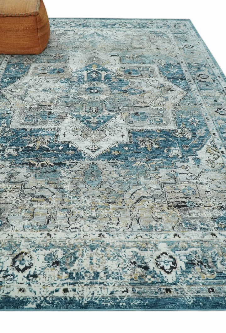 Blue, Beige and Black Antique Finish, Vintage look, Art Silk Area Rug, Living Room Rug | TRDMM1 - The Rug Decor