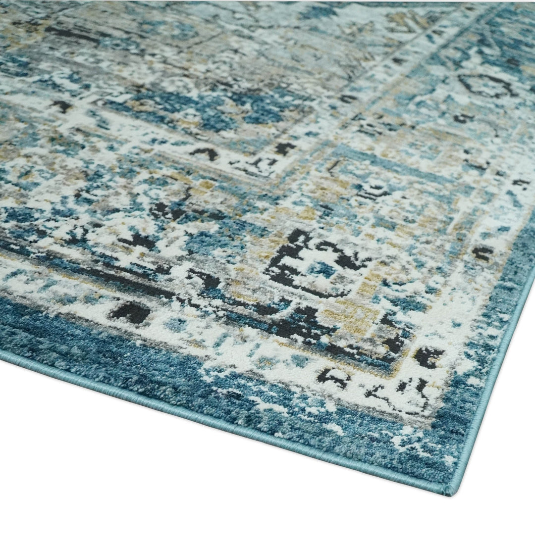 Blue, Beige and Black Antique Finish, Vintage look, Art Silk Area Rug, Living Room Rug | TRDMM1 - The Rug Decor