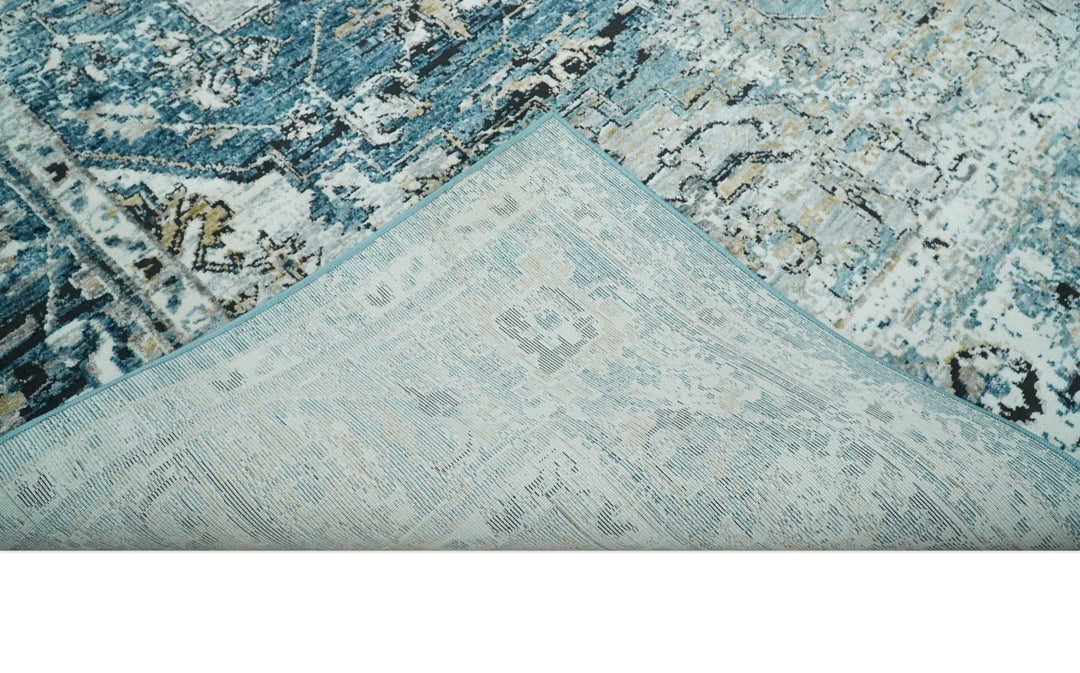 Blue, Beige and Black Antique Finish, Vintage look, Art Silk Area Rug, Living Room Rug | TRDMM1 - The Rug Decor