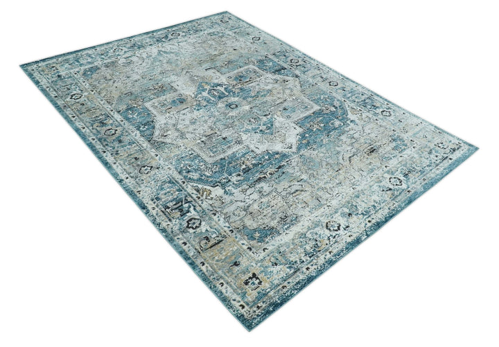 Blue, Beige and Black Antique Finish, Vintage look, Art Silk Area Rug, Living Room Rug | TRDMM1 - The Rug Decor