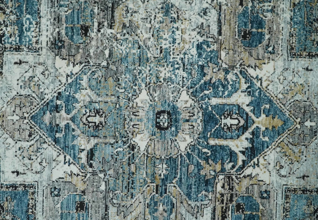 Blue, Beige and Black Antique Finish, Vintage look, Art Silk Area Rug, Living Room Rug | TRDMM1 - The Rug Decor