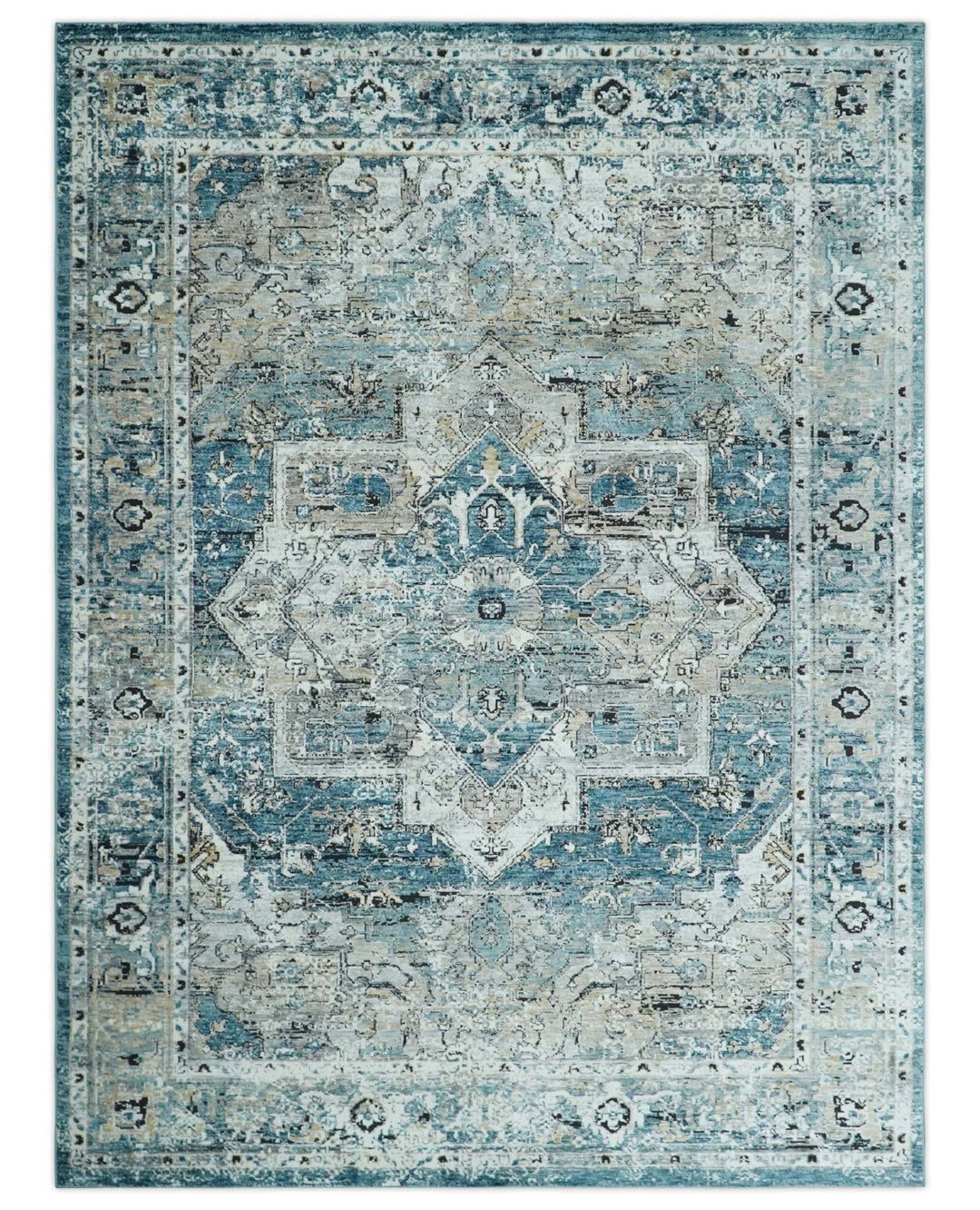 Blue, Beige and Black Antique Finish, Vintage look, Art Silk Area Rug, Living Room Rug | TRDMM1 - The Rug Decor