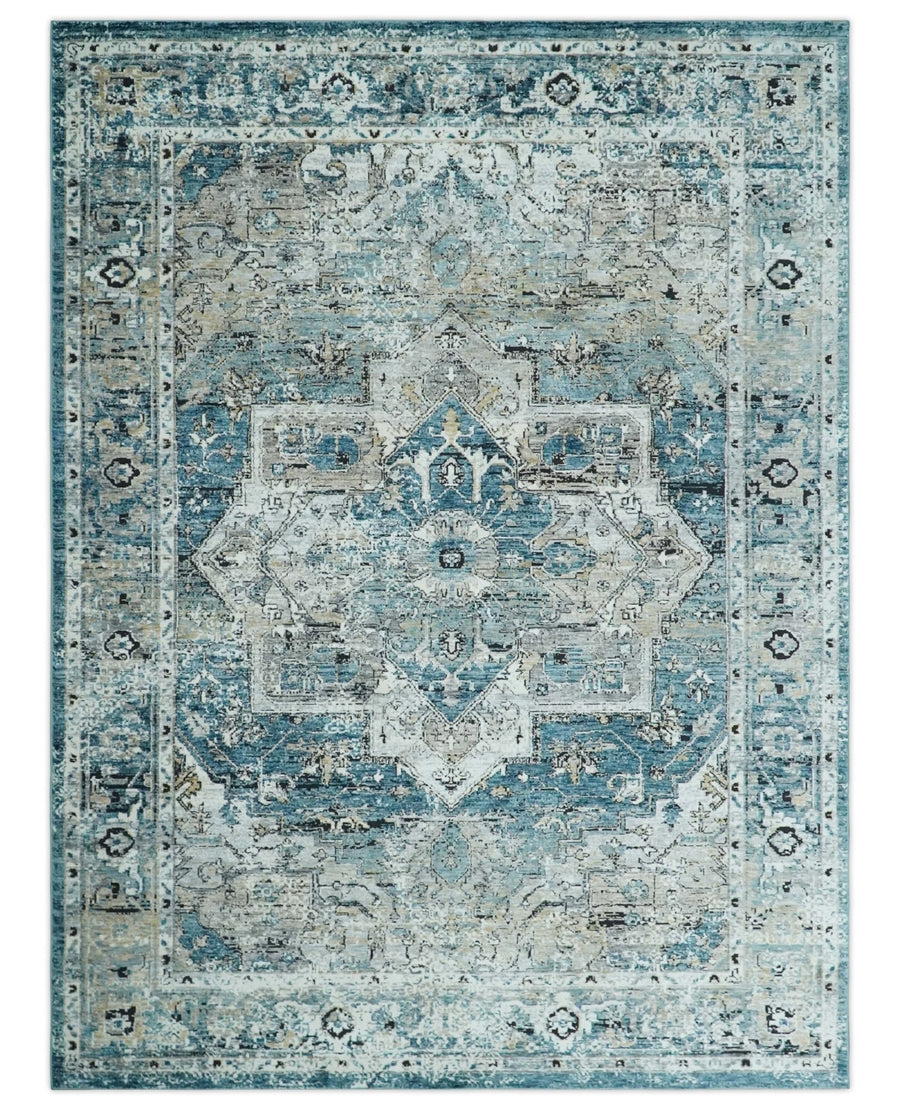 Blue, Beige and Black Antique Finish, Vintage look, Art Silk Area Rug, Living Room Rug | TRDMM1 - The Rug Decor