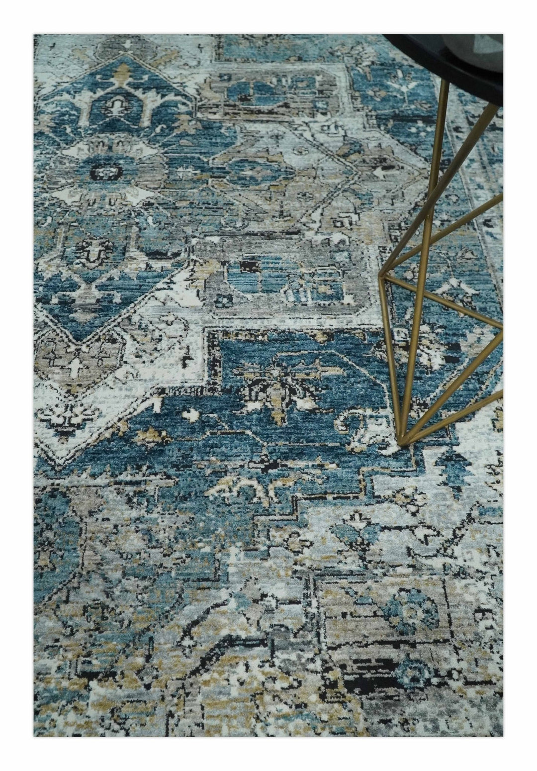 Blue, Beige and Black Antique Finish, Vintage look, Art Silk Area Rug, Living Room Rug | TRDMM1 - The Rug Decor