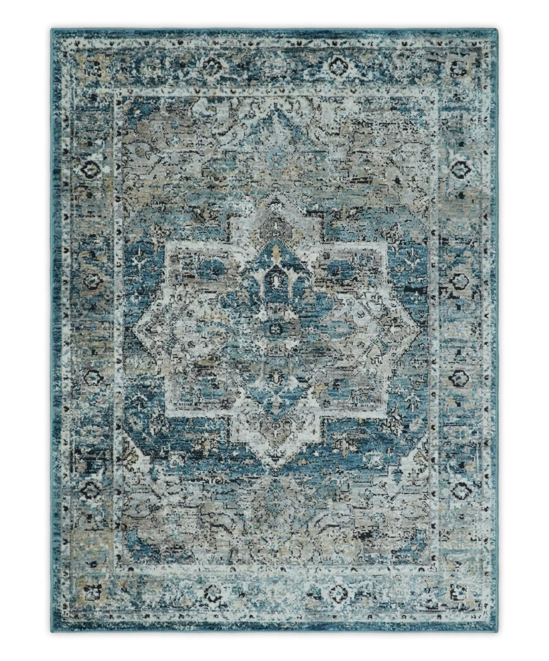 Blue, Beige and Black Antique Finish, Vintage look, Art Silk Area Rug, Living Room Rug | TRDMM1 - The Rug Decor