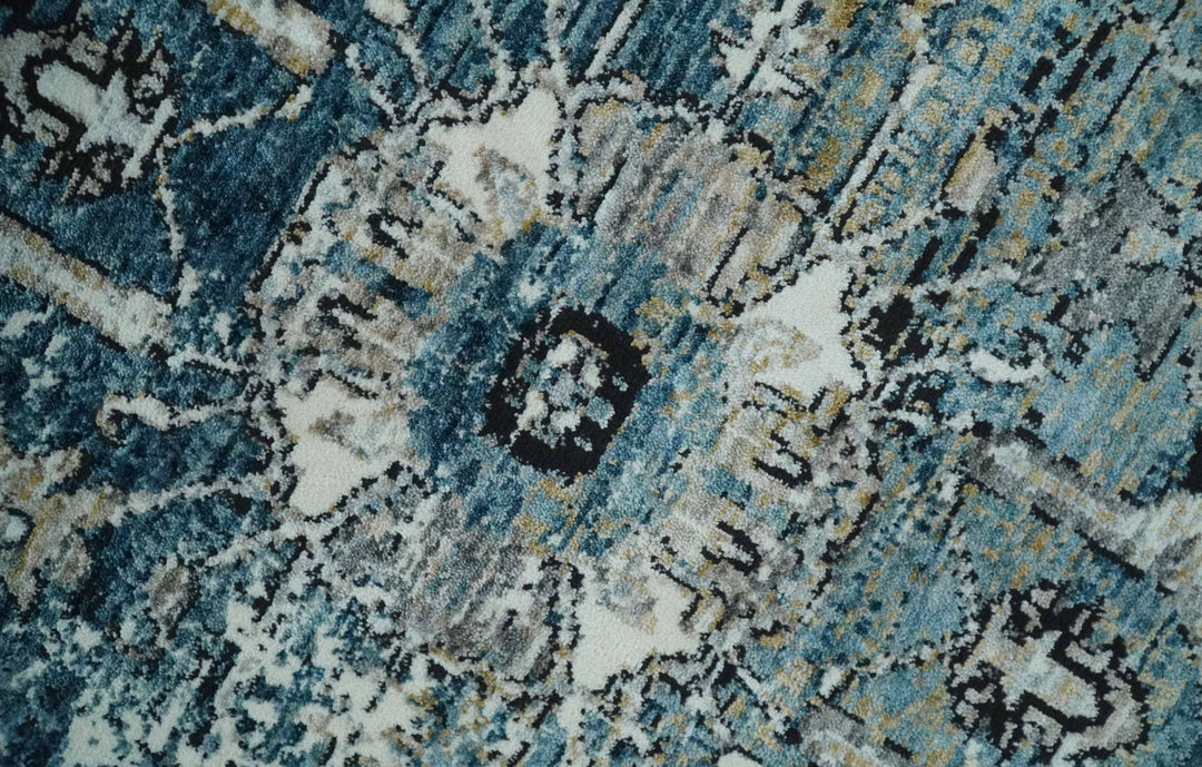 Blue, Beige and Black Antique Finish, Vintage look, Art Silk Area Rug, Living Room Rug | TRDMM1 - The Rug Decor
