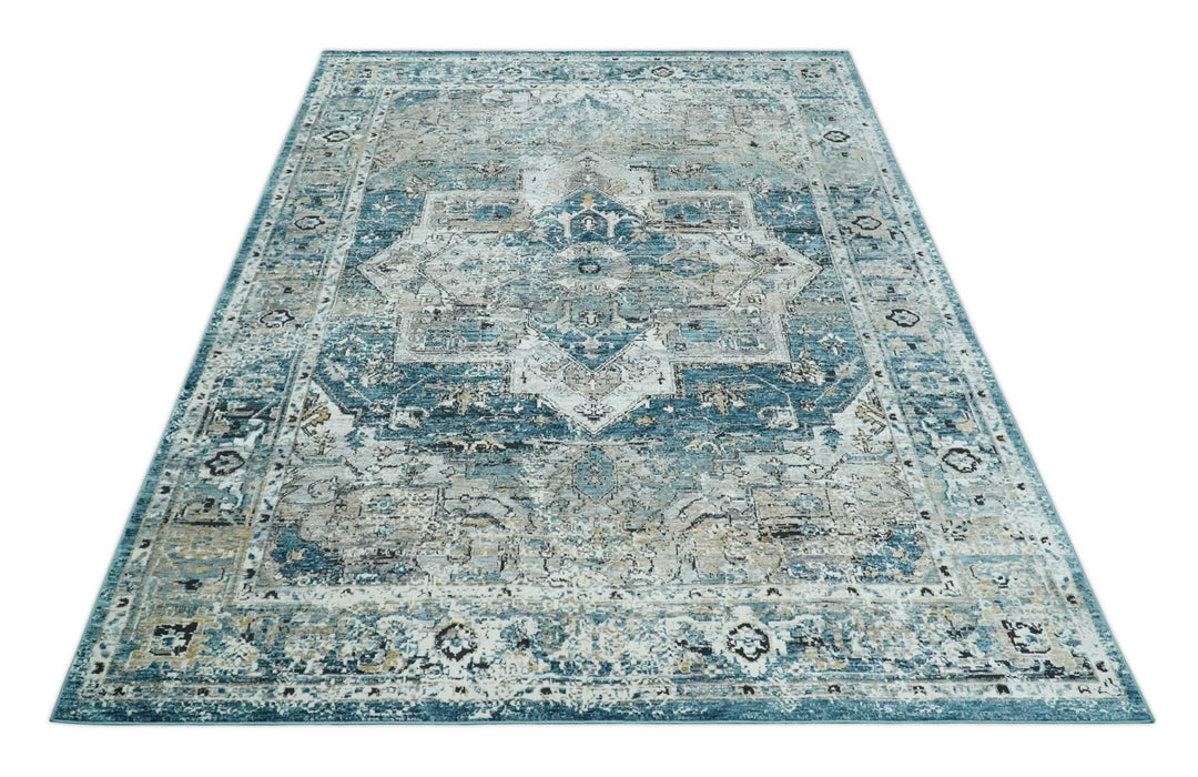 Blue, Beige and Black Antique Finish, Vintage look, Art Silk Area Rug, Living Room Rug | TRDMM1 - The Rug Decor