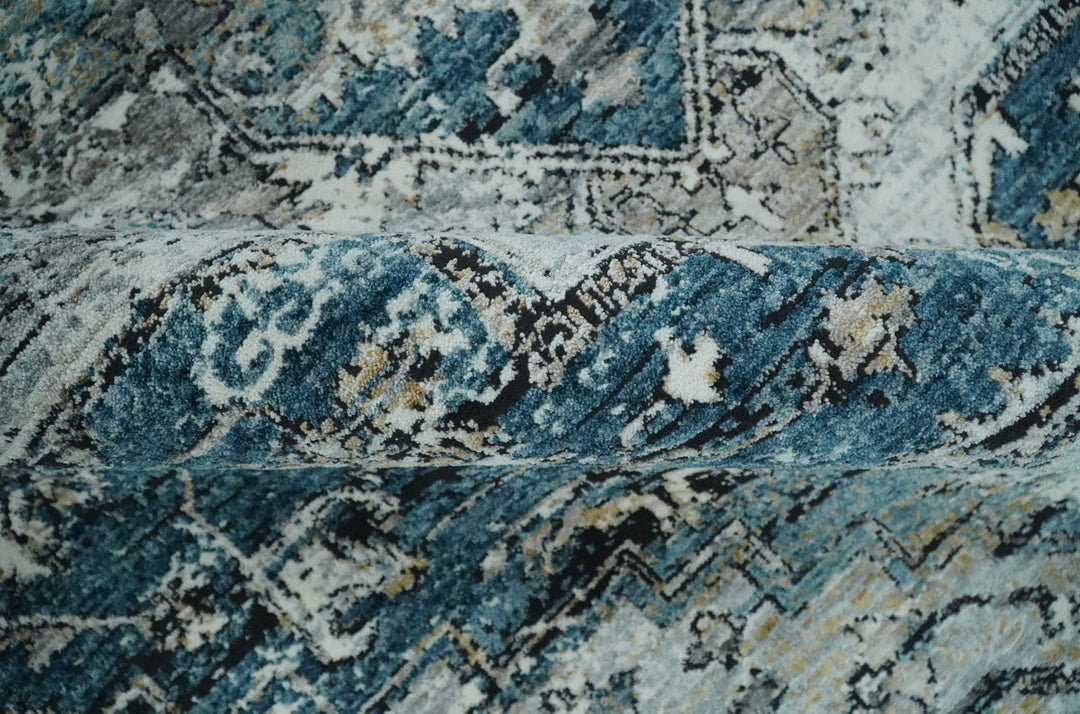 Blue, Beige and Black Antique Finish, Vintage look, Art Silk Area Rug, Living Room Rug | TRDMM1 - The Rug Decor