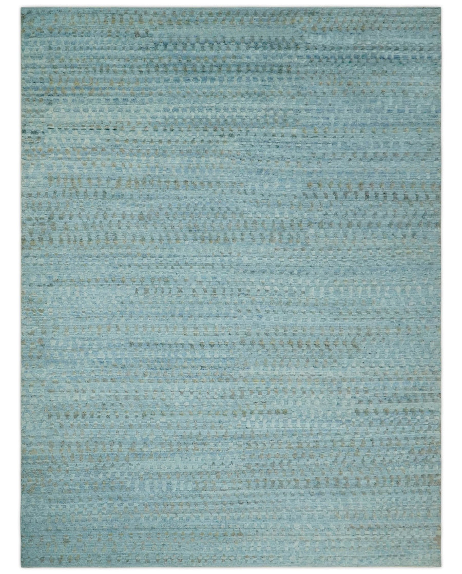 Blue, Ivory and Brown Hand carved Texture Hand Knotted 9x12 Wool Area Rug - The Rug Decor