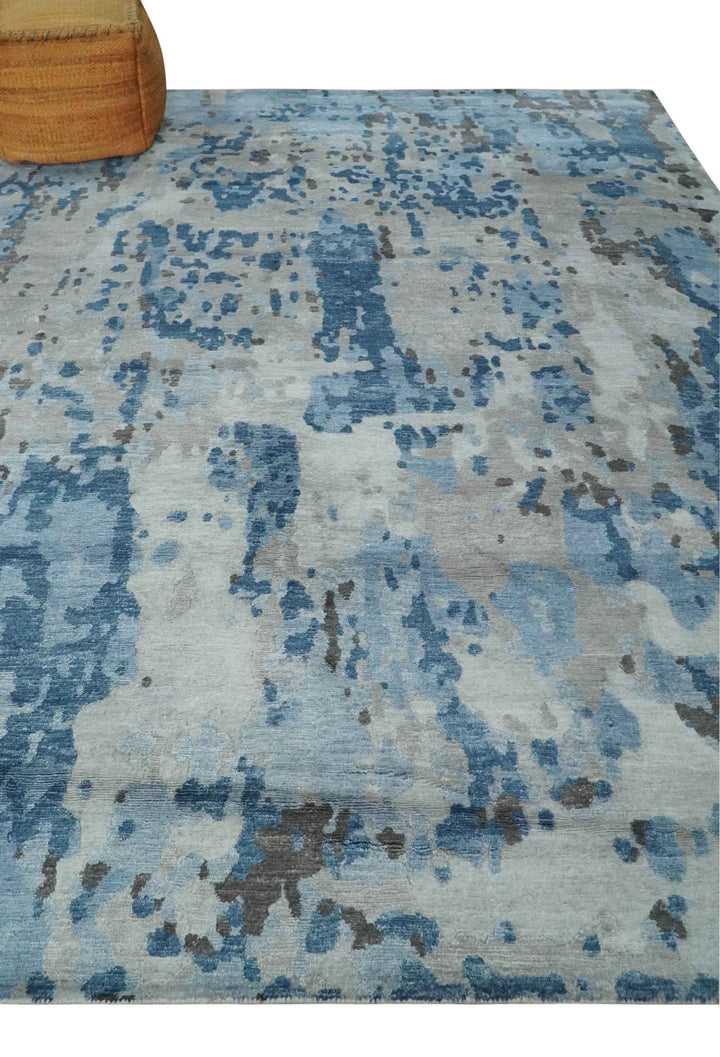 Blue, Ivory and Brown Hand knotted Abstract wool and Silk Blended 8x10 Area Rug - The Rug Decor