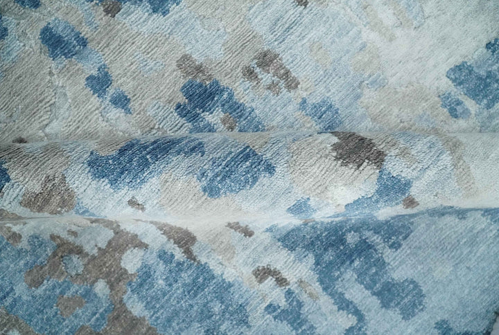 Blue, Ivory and Brown Hand knotted Abstract wool and Silk Blended 8x10 Area Rug - The Rug Decor