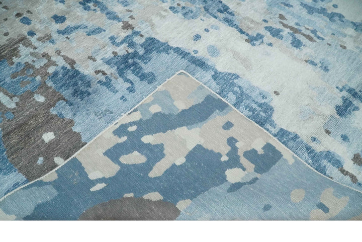 Blue, Ivory and Brown Hand knotted Abstract wool and Silk Blended 8x10 Area Rug - The Rug Decor
