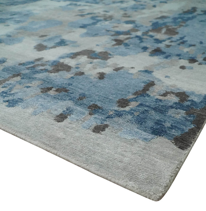 Blue, Ivory and Brown Hand knotted Abstract wool and Silk Blended 8x10 Area Rug - The Rug Decor