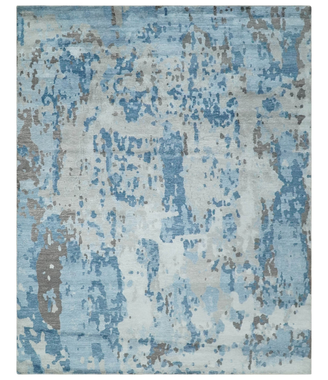 Blue, Ivory and Brown Hand knotted Abstract wool and Silk Blended 8x10 Area Rug - The Rug Decor