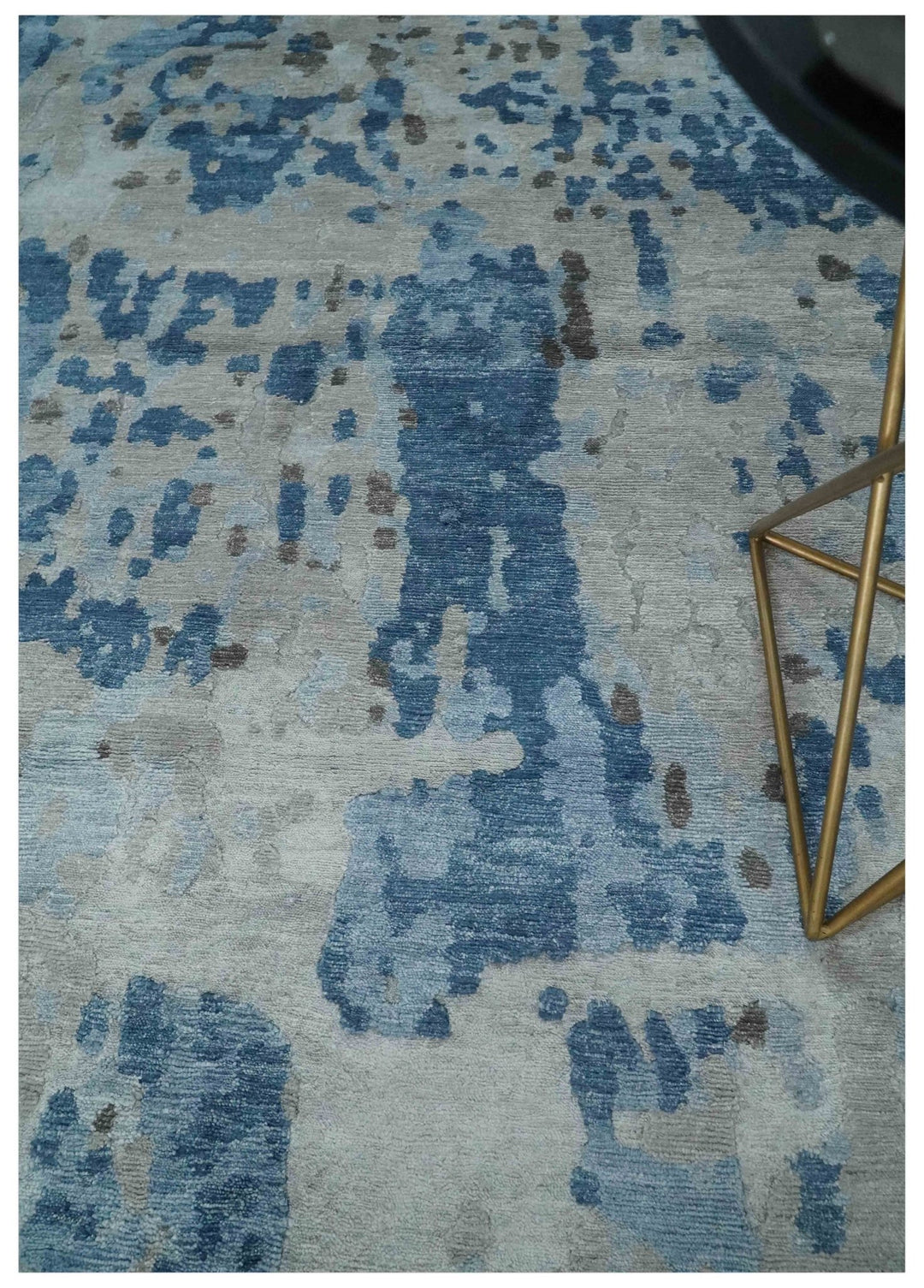 Blue, Ivory and Brown Hand knotted Abstract wool and Silk Blended 8x10 Area Rug - The Rug Decor