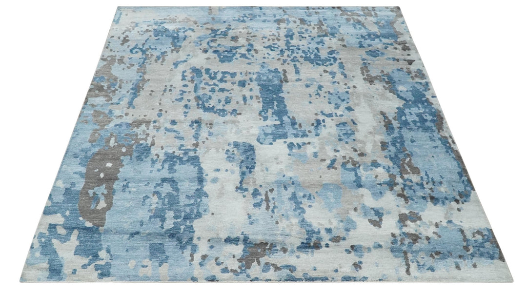 Blue, Ivory and Brown Hand knotted Abstract wool and Silk Blended 8x10 Area Rug - The Rug Decor