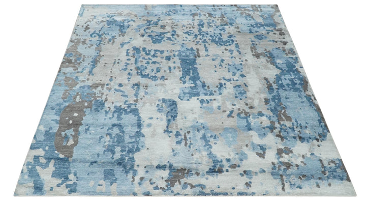 Blue, Ivory and Brown Hand knotted Abstract wool and Silk Blended 8x10 Area Rug - The Rug Decor