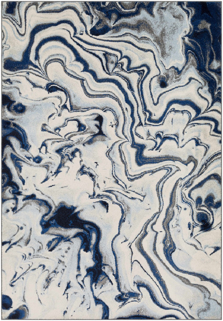 Blue, Ivory and Charcoal Modern Abstract marble Design Area Rug - The Rug Decor