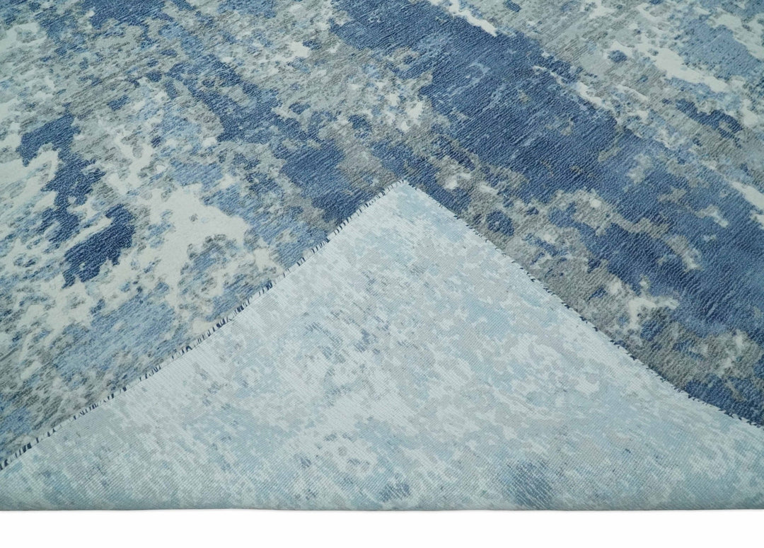 Blue, Ivory and Gray Modern Abstract 6x9 Hand Loomed Blended wool and Art silk Area Rug - The Rug Decor