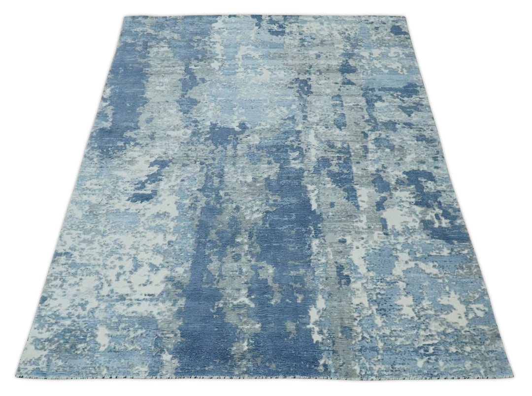 Blue, Ivory and Gray Modern Abstract 6x9 Hand Loomed Blended wool and Art silk Area Rug - The Rug Decor