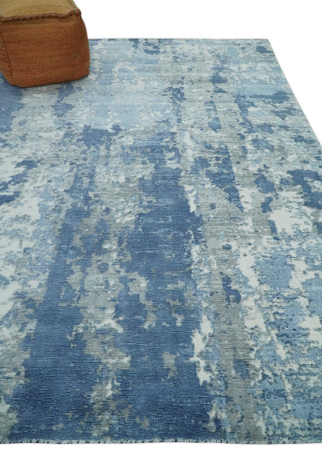 Blue, Ivory and Gray Modern Abstract 6x9 Hand Loomed Blended wool and Art silk Area Rug - The Rug Decor