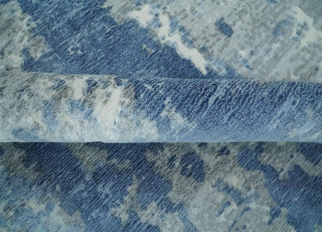Blue, Ivory and Gray Modern Abstract 6x9 Hand Loomed Blended wool and Art silk Area Rug - The Rug Decor