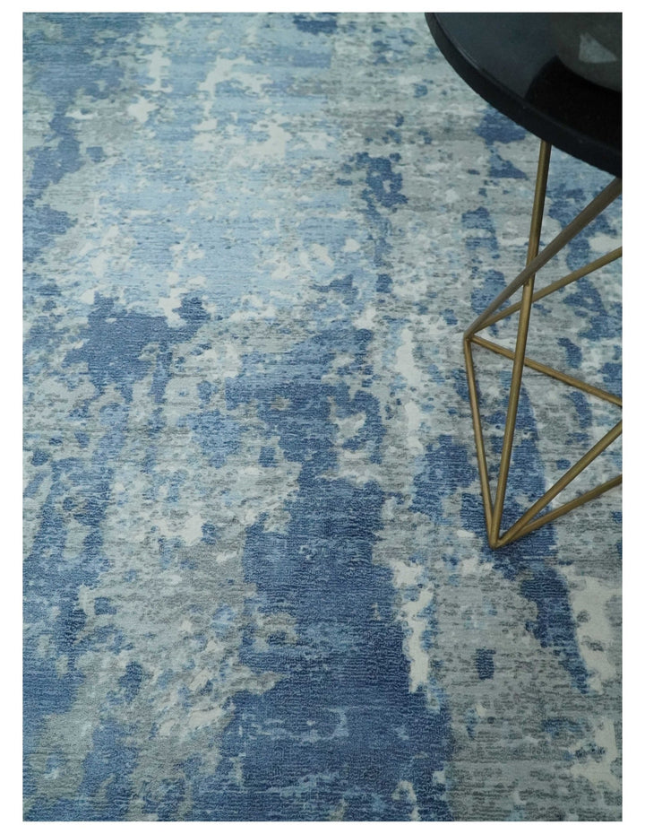 Blue, Ivory and Gray Modern Abstract 6x9 Hand Loomed Blended wool and Art silk Area Rug - The Rug Decor