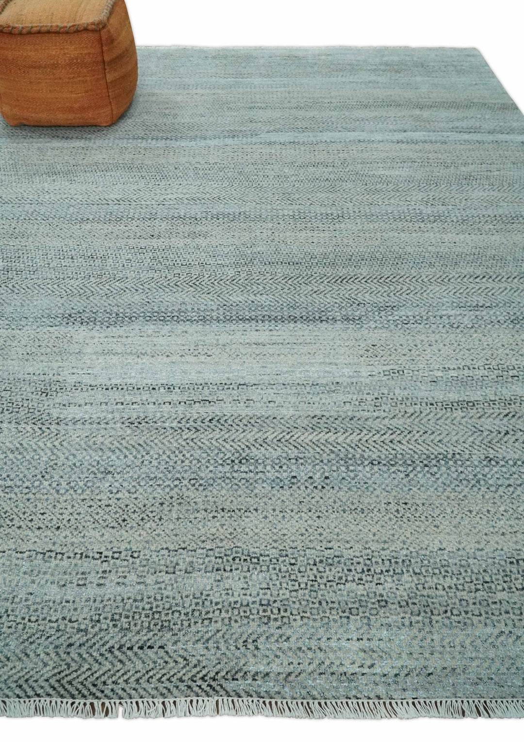 Blue, Ivory and Silver 8x10 Hand Knotted Modern Geometric Trellis Scandinavian Wool Area Rug | TRDCP934810 - The Rug Decor