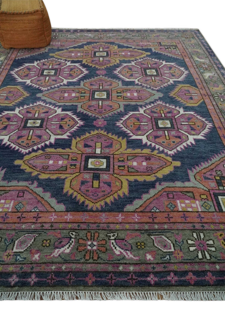 Blue, Purple and Green hand knotted Traditional Heriz Serapi Wool Area Rug - The Rug Decor