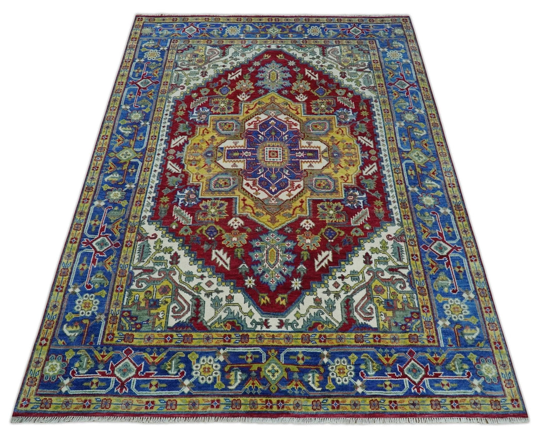 Blue, Red and Gold Hand Knotted Antique 5x8, 6x9, 8x10, 9x12, 10x14 and 12x15 Traditional Heriz Serapi Wool Rug | TRDCP1344 - The Rug Decor