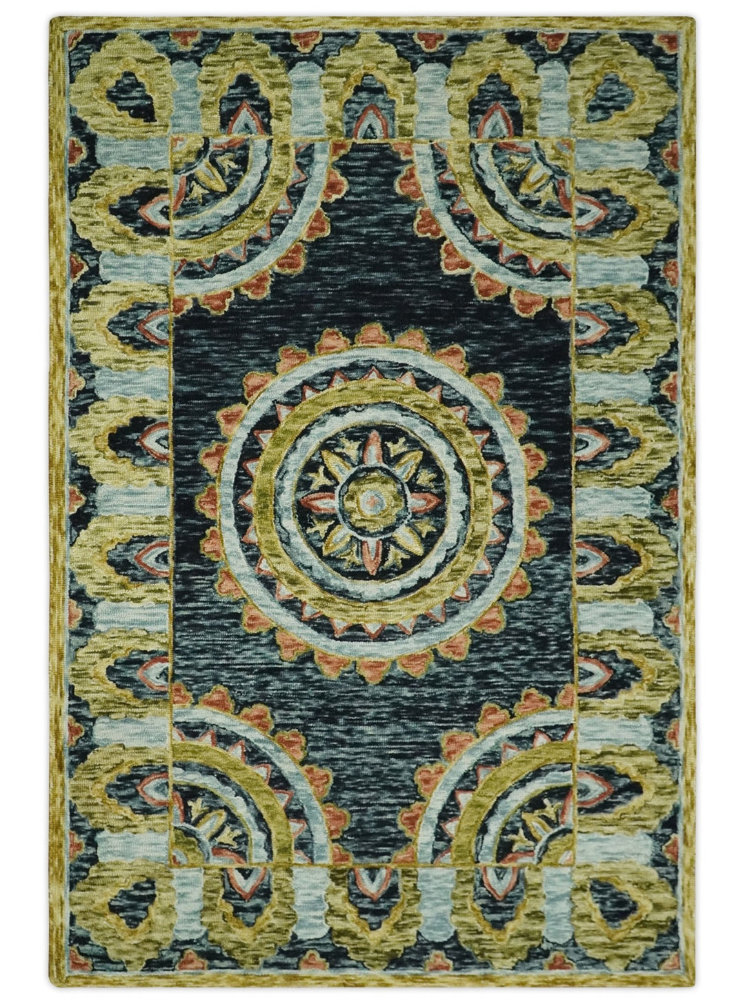 Bohemian 3x5, 5x8, 6x9 and 8x10 Hand Tufted Blue, Rust and Moss Gold Style Antique Wool Area Rug - The Rug Decor