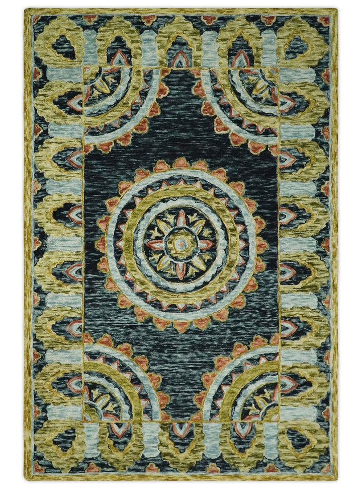 Bohemian 3x5, 5x8, 6x9 and 8x10 Hand Tufted Blue, Rust and Moss Gold Style Antique Wool Area Rug - The Rug Decor