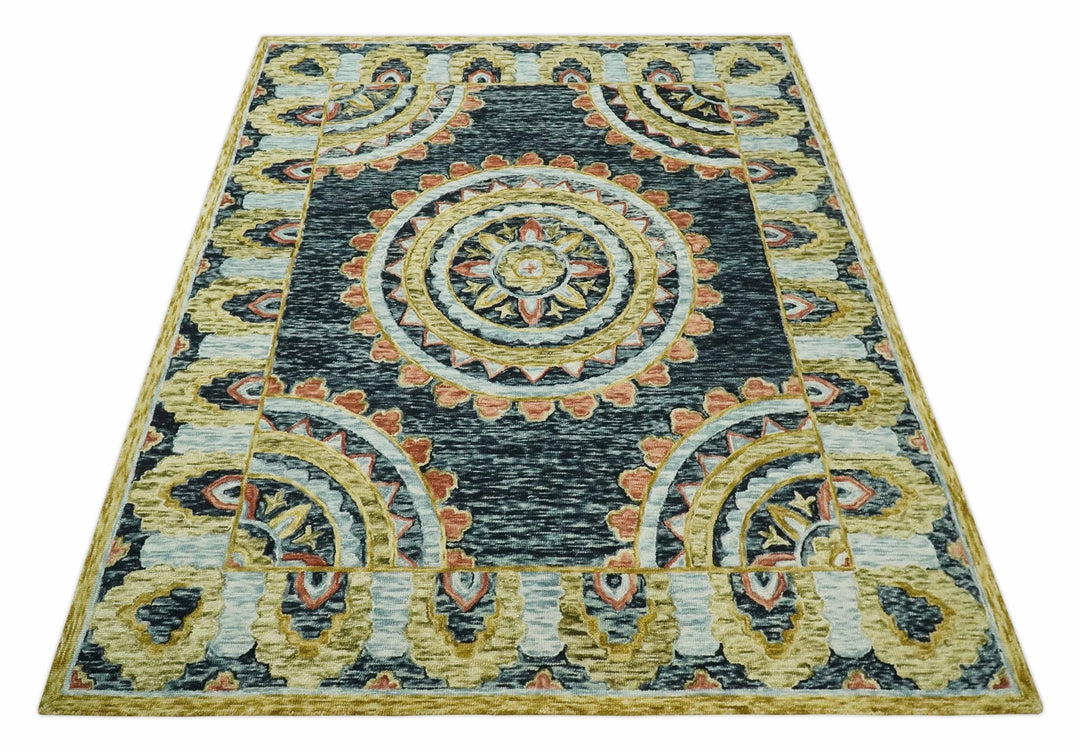 Bohemian 3x5, 5x8, 6x9 and 8x10 Hand Tufted Blue, Rust and Moss Gold Style Antique Wool Area Rug - The Rug Decor