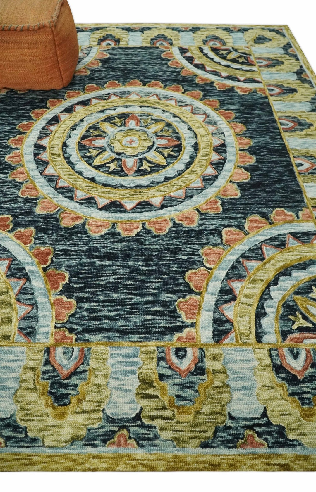 Bohemian 3x5, 5x8, 6x9 and 8x10 Hand Tufted Blue, Rust and Moss Gold Style Antique Wool Area Rug - The Rug Decor