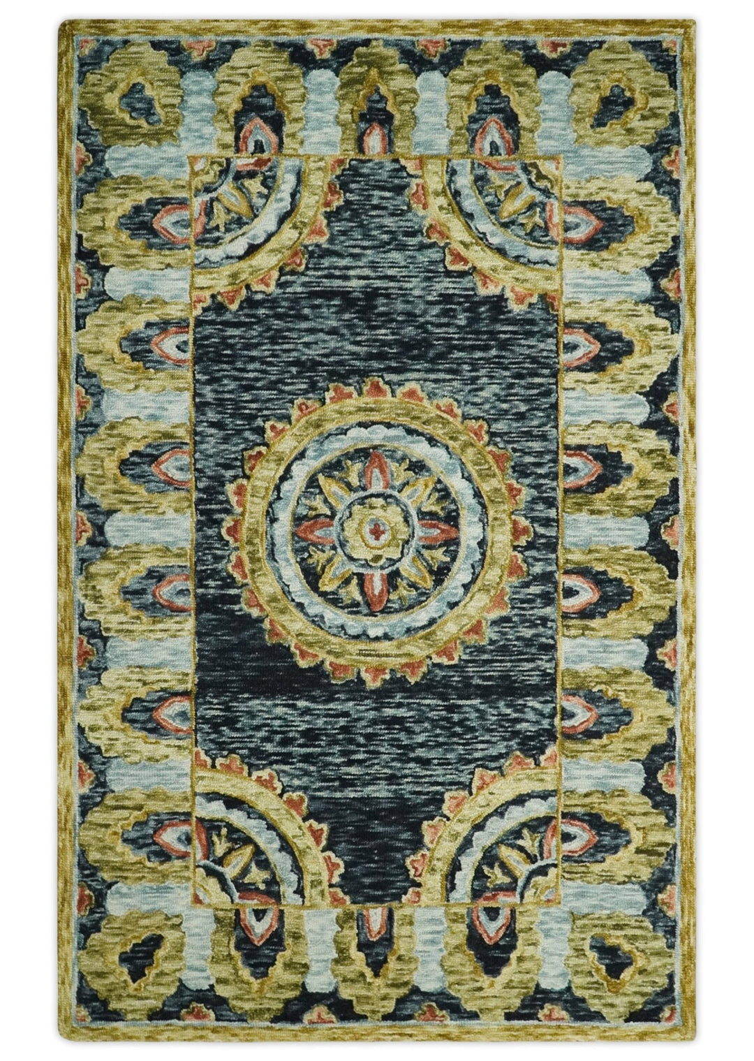 Bohemian 3x5, 5x8, 6x9 and 8x10 Hand Tufted Blue, Rust and Moss Gold Style Antique Wool Area Rug - The Rug Decor