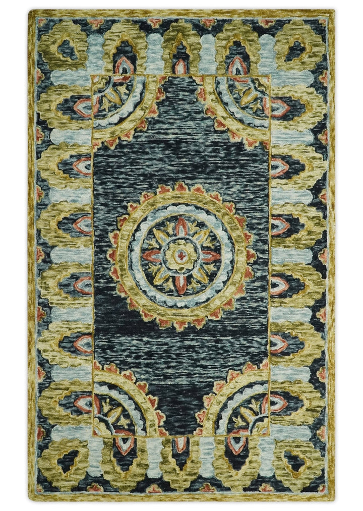 Bohemian 3x5, 5x8, 6x9 and 8x10 Hand Tufted Blue, Rust and Moss Gold Style Antique Wool Area Rug - The Rug Decor
