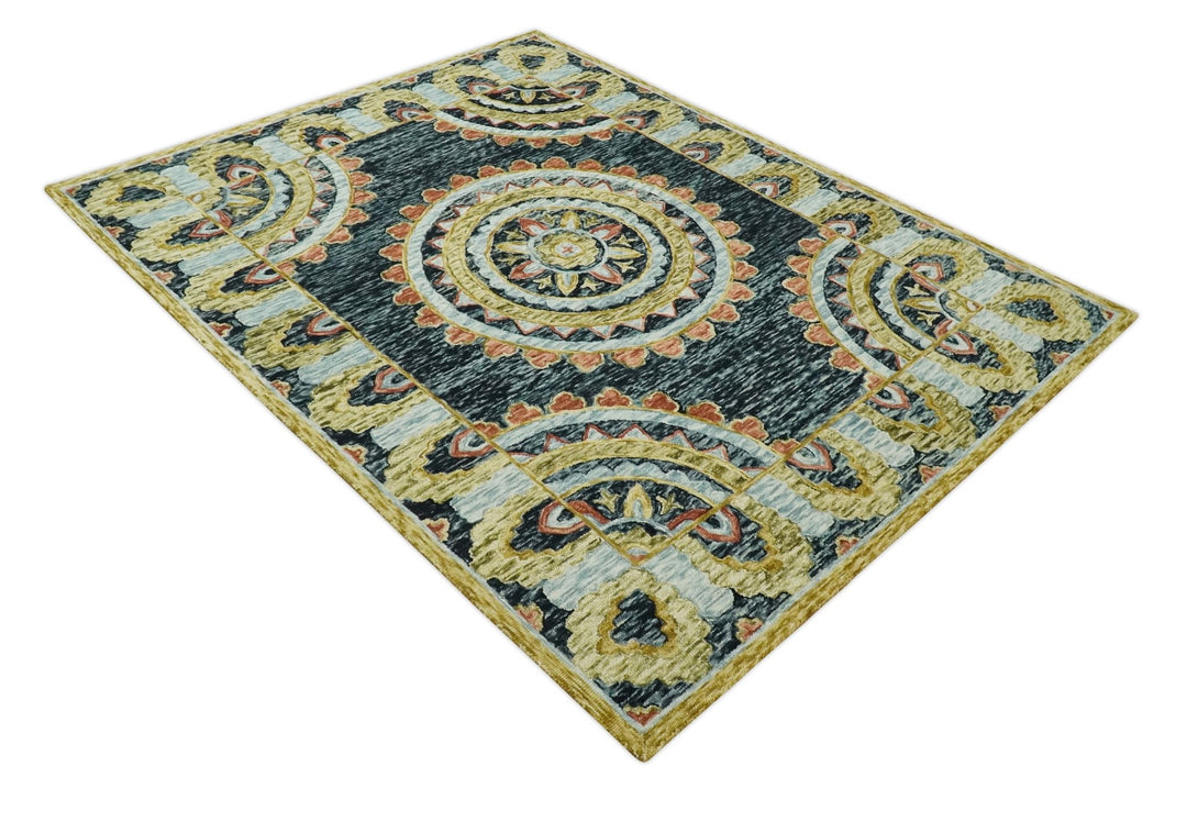 Bohemian 3x5, 5x8, 6x9 and 8x10 Hand Tufted Blue, Rust and Moss Gold Style Antique Wool Area Rug - The Rug Decor