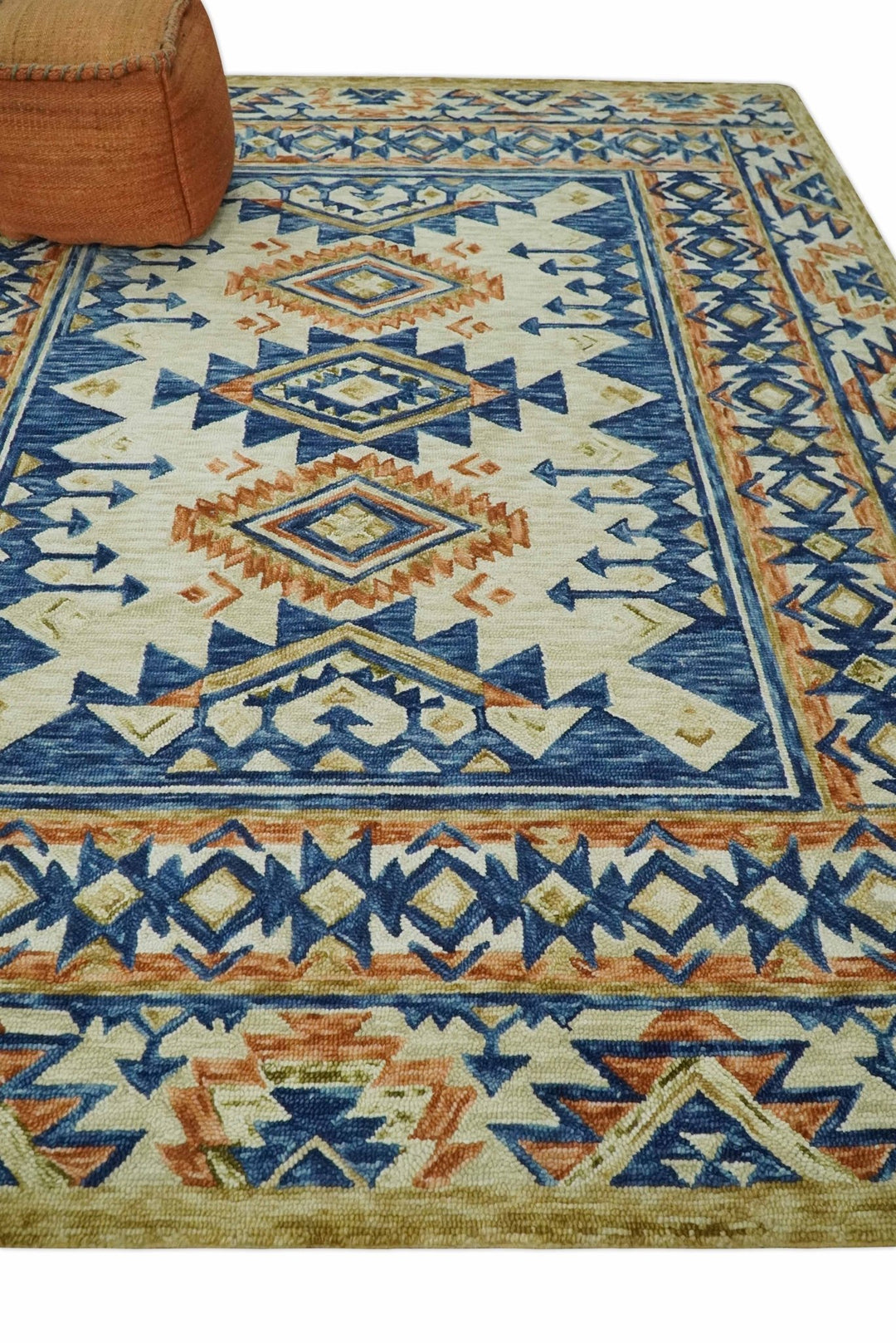 Bohemian 3x5, 5x8, 6x9 and 8x10 Tribal Southwestern Hand Tufted Blue, Gold and Beige Antique Style Wool Area Rug - The Rug Decor