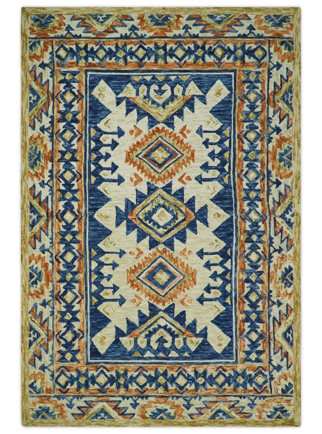 Bohemian 3x5, 5x8, 6x9 and 8x10 Tribal Southwestern Hand Tufted Blue, Gold and Beige Antique Style Wool Area Rug - The Rug Decor