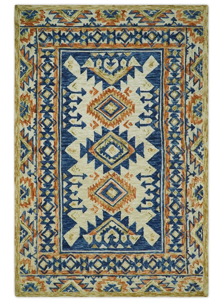 Bohemian 3x5, 5x8, 6x9 and 8x10 Tribal Southwestern Hand Tufted Blue, Gold and Beige Antique Style Wool Area Rug - The Rug Decor